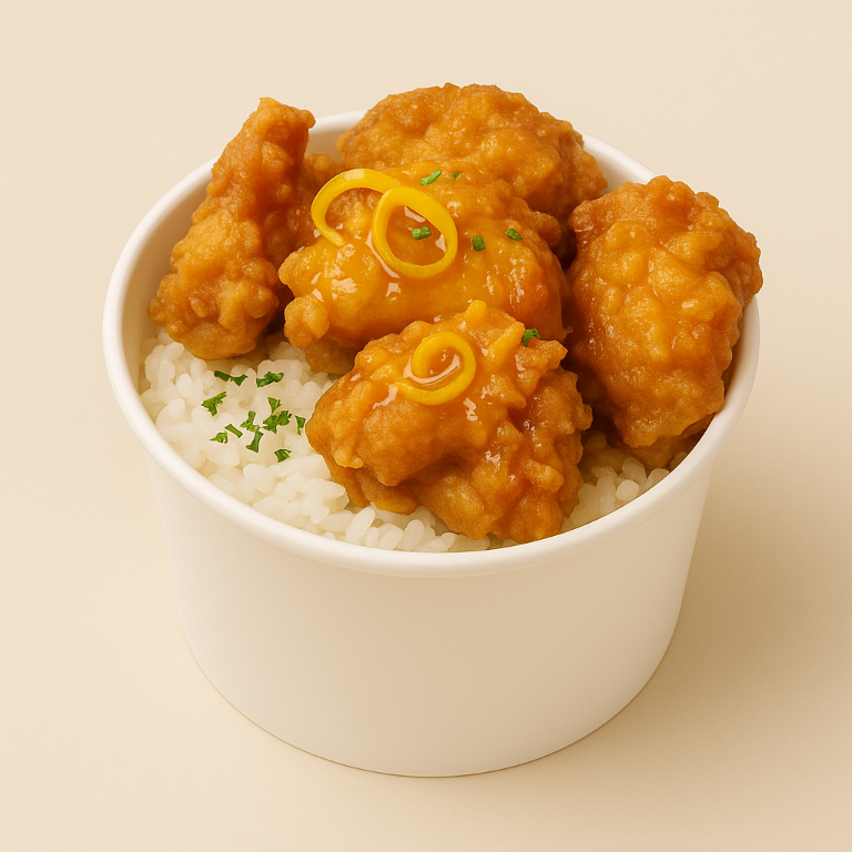 Crispy fried chicken with sweet lemon sauce with rice